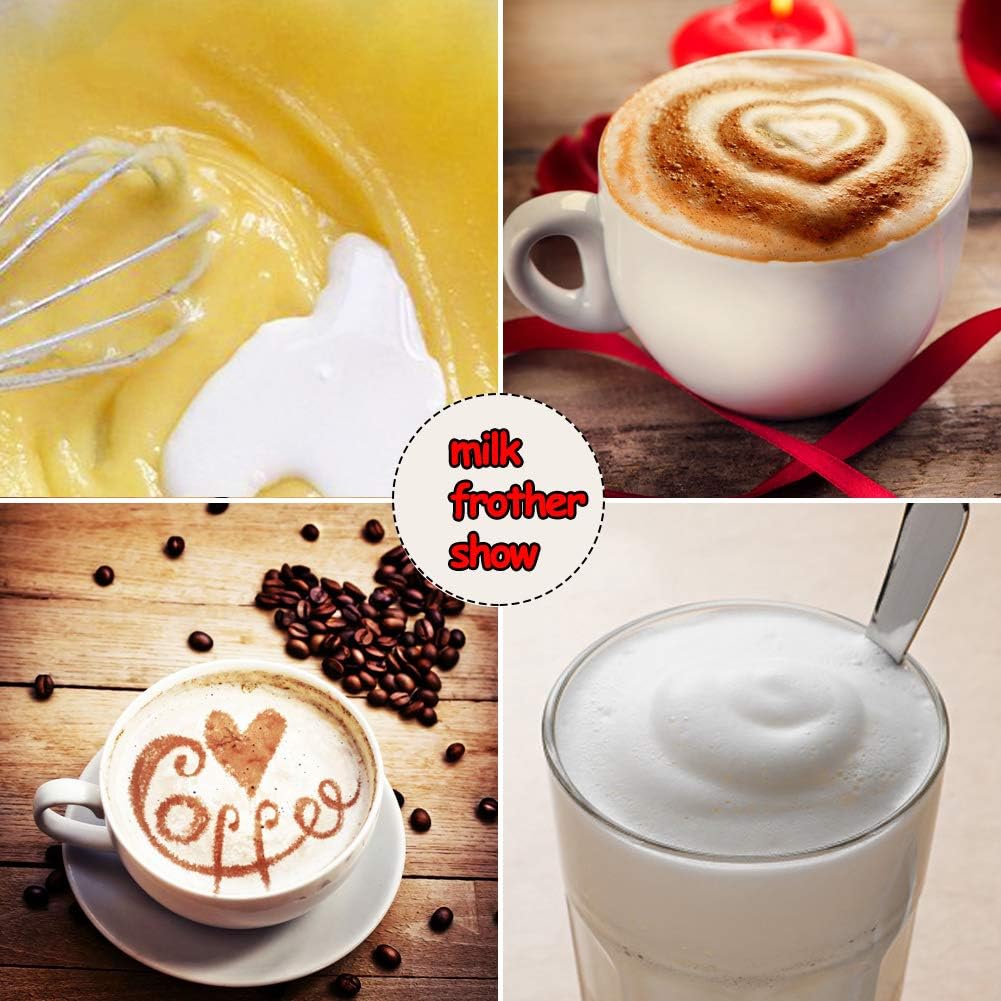 Collage of images showing milk frother, coffee with latte art, and a glass of milk foam.