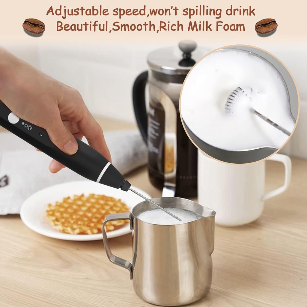 Hand using a milk frother to create foam in a metal pitcher with text describing its features.
