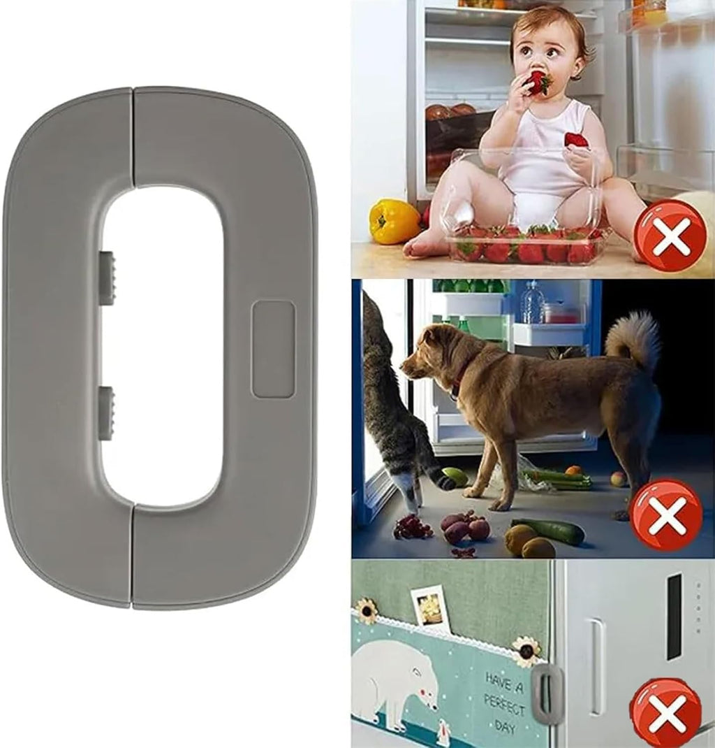 Childproof cabinet lock with images of a child, pet, and refrigerator to demonstrate its use.
