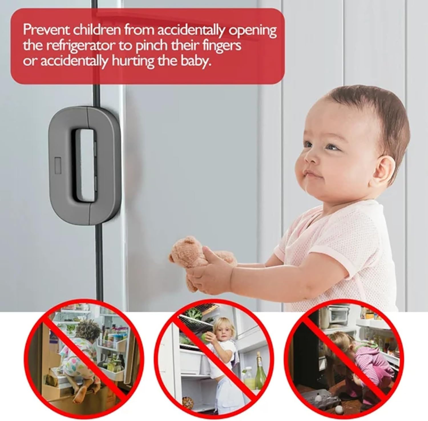 Baby sitting next to a refrigerator with a child safety lock on the door, preventing access.