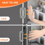 Door lock mechanism with hands demonstrating locking and unlocking process, set against a kitchen background.