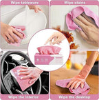 Pink cleaning cloths being used to wipe various surfaces including tableware, stains, interior of a car, and desktop.