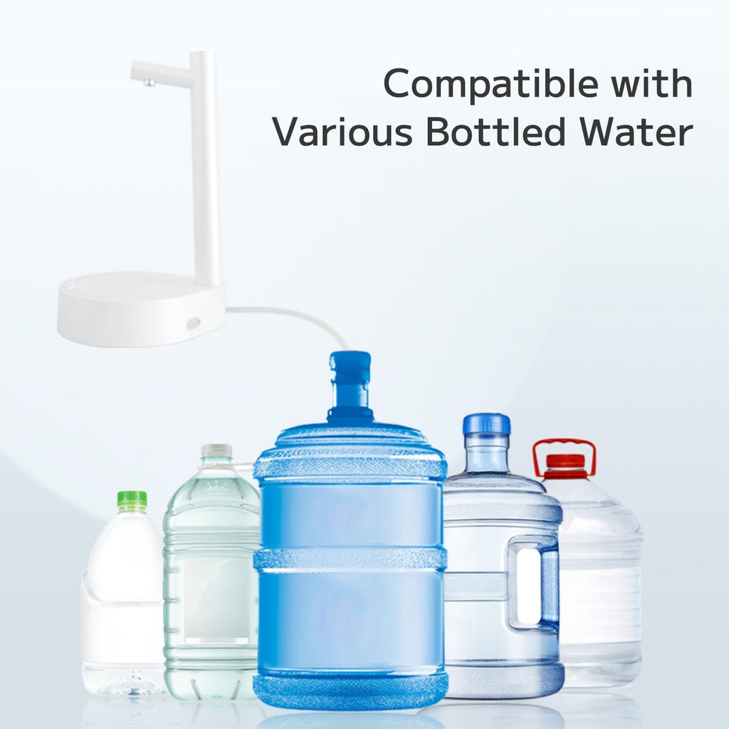Collection of various bottled water containers with a text overlay indicating compatibility.