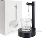 Smart table water dispenser with a glass of water being filled, next to its packaging.