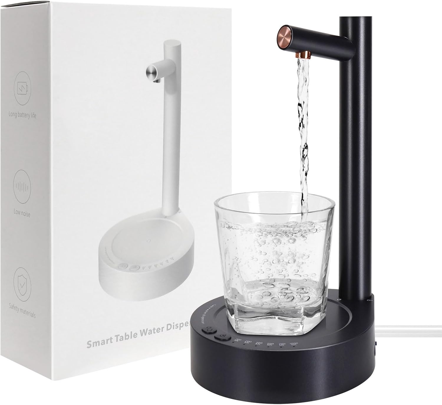 Smart table water dispenser with a glass of water being filled, next to its packaging.