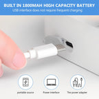 Hand plugging a USB cable into a device with text about battery capacity and charging.