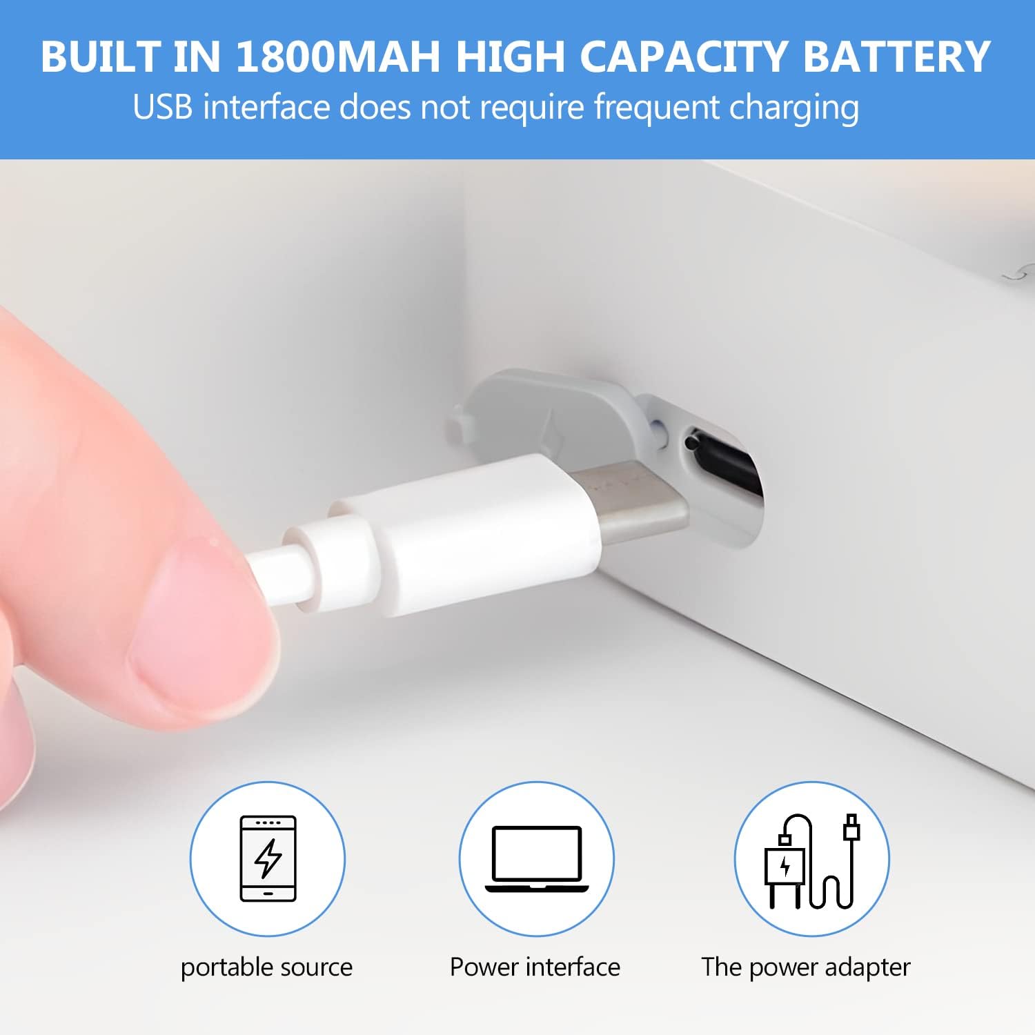 Hand plugging a USB cable into a device with text about battery capacity and charging.