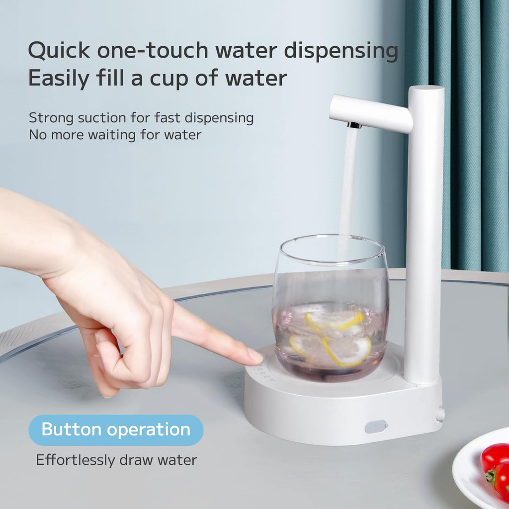 Hand using a quick one-touch water dispenser to fill a glass with water on a light gray surface.