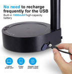 Black electronic device with USB cable and text highlighting battery capacity and connectivity options.