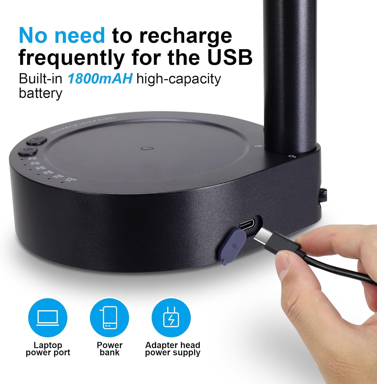 Black electronic device with USB cable and text highlighting battery capacity and connectivity options.