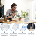 Man using a water dispenser in a kitchen with step-by-step instructions displayed.