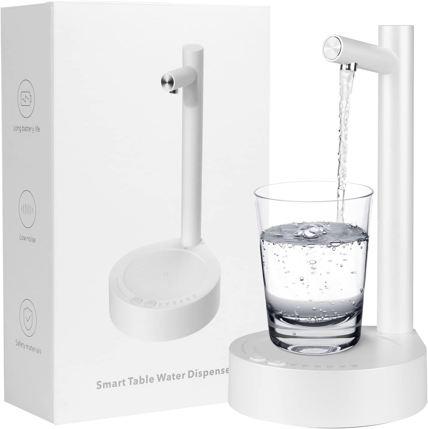Smart table water dispenser dispensing water into a glass with packaging in the background.