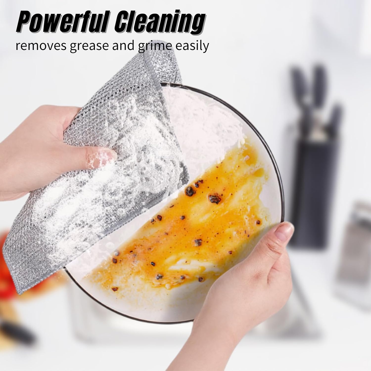 Person cleaning a greasy plate with a scrubber, text 'Powerful Cleaning removes grease and grime easily' above.