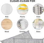 Product packaging with text 'Clear-Clean For' and images of various surfaces including wall, plastic, steel, wood, ceramic, and glass.