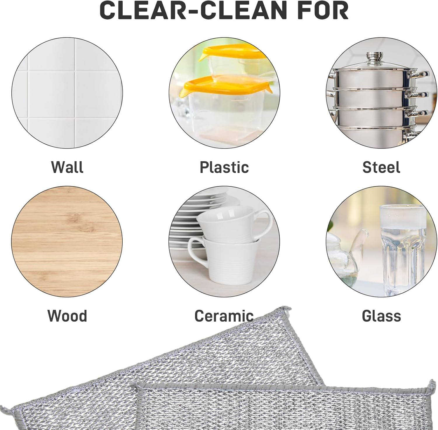 Product packaging with text 'Clear-Clean For' and images of various surfaces including wall, plastic, steel, wood, ceramic, and glass.