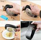 Step-by-step process of using a garlic press on a wooden cutting board.