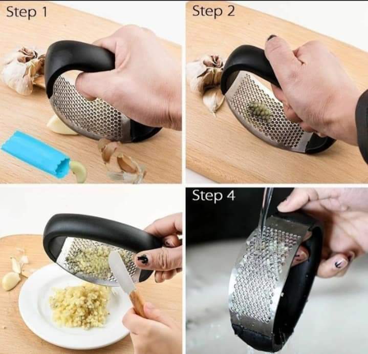 Step-by-step process of using a garlic press on a wooden cutting board.