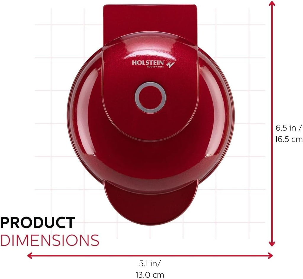 Red appliance with Holstein branding and dimensions on a grid background