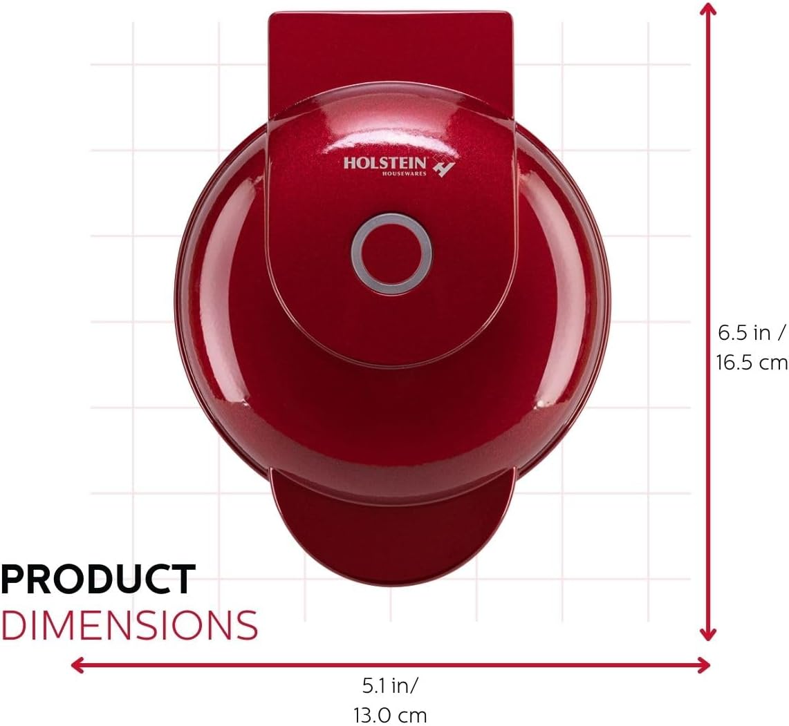 Red appliance with Holstein branding and dimensions on a grid background