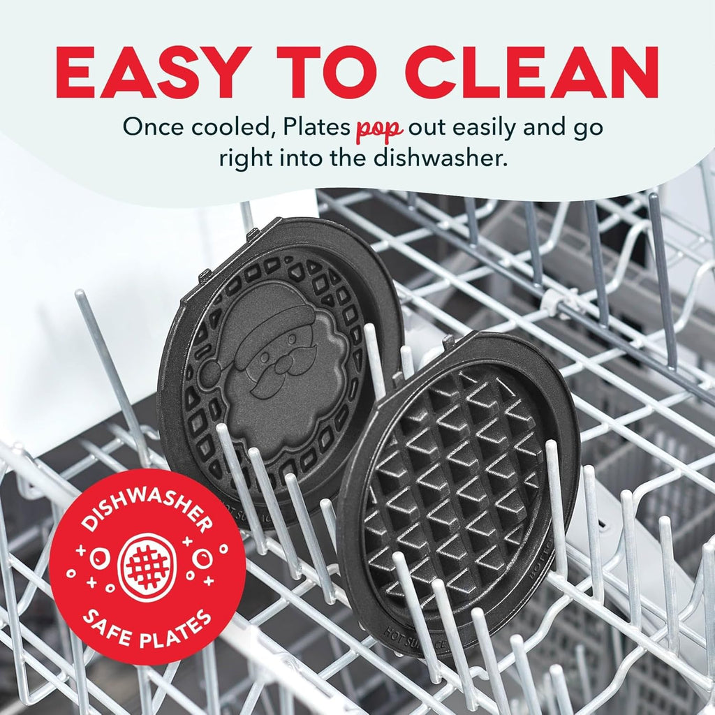 Dishwasher safe plates with text on an open dishwasher rack.