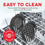 Dishwasher safe plates with text on an open dishwasher rack.