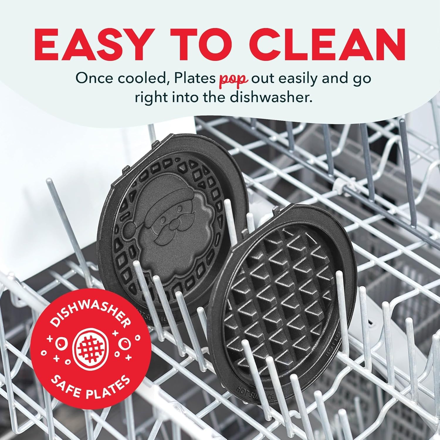 Dishwasher safe plates with text on an open dishwasher rack.