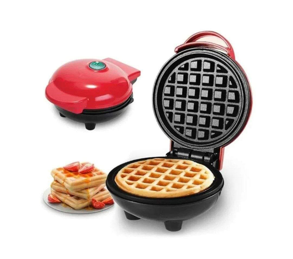 Mini waffle maker with a cooked waffle inside, on a white background