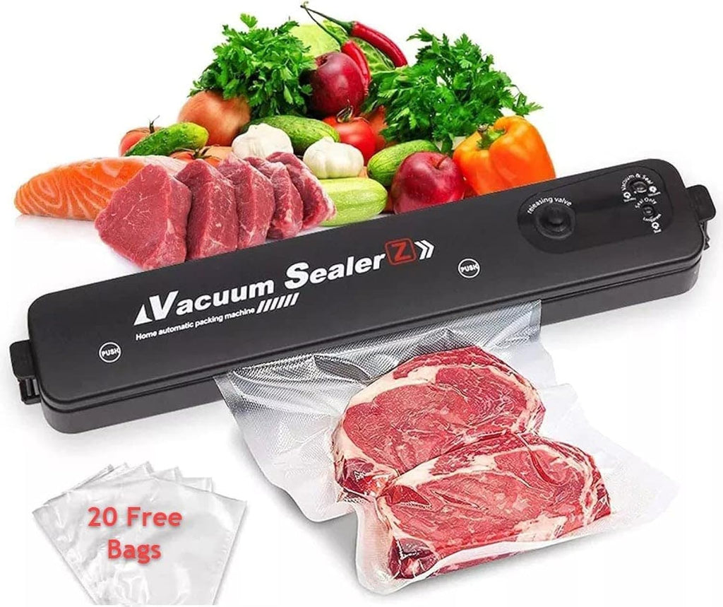 Vacuum sealer with vacuum bags and food items on a white background