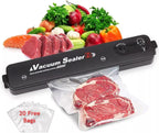 Vacuum sealer with vacuum bags and food items on a white background