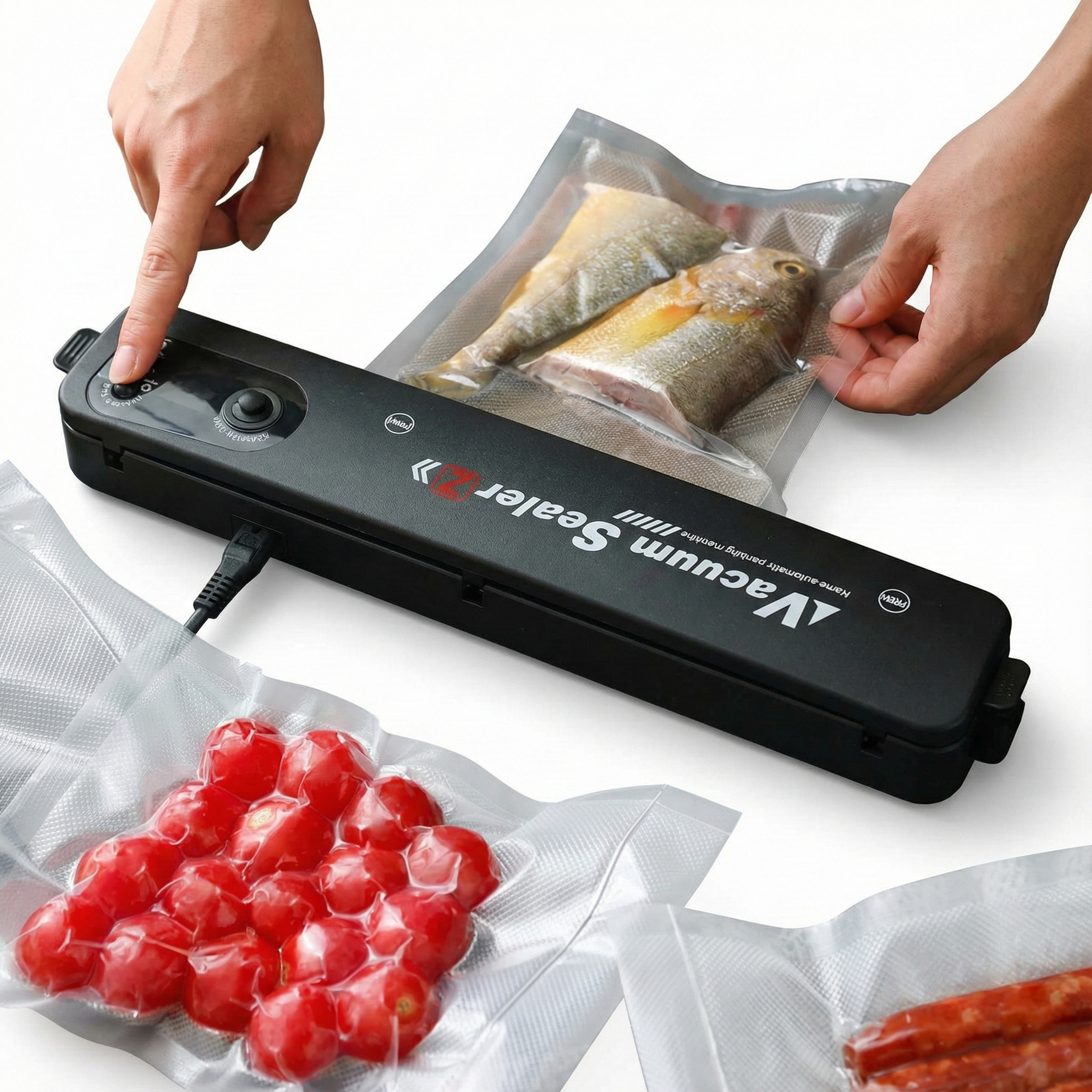 Vacuum sealer with food packaging on a white surface