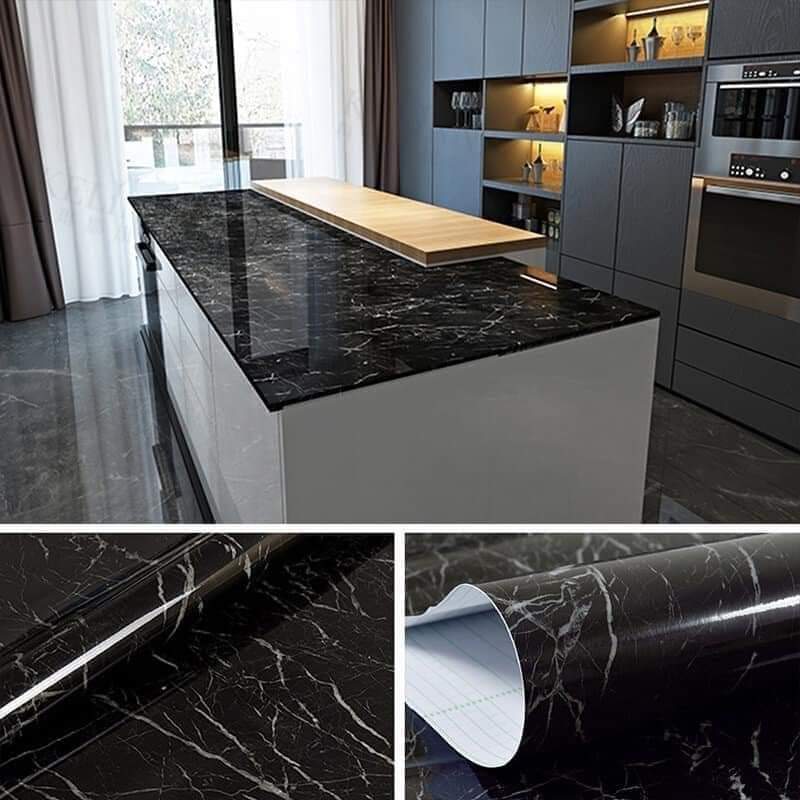 Modern kitchen with black marble countertop, close-up of marble pattern, and roll of marble contact paper.
