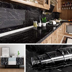Collage of a kitchen with black marble backsplash and countertops, including a roll of black marble contact paper.