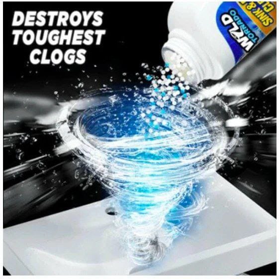 Cleaning product being poured into a drain with text 'DESTROYS TOUGHEST CLOGS' on a black background.