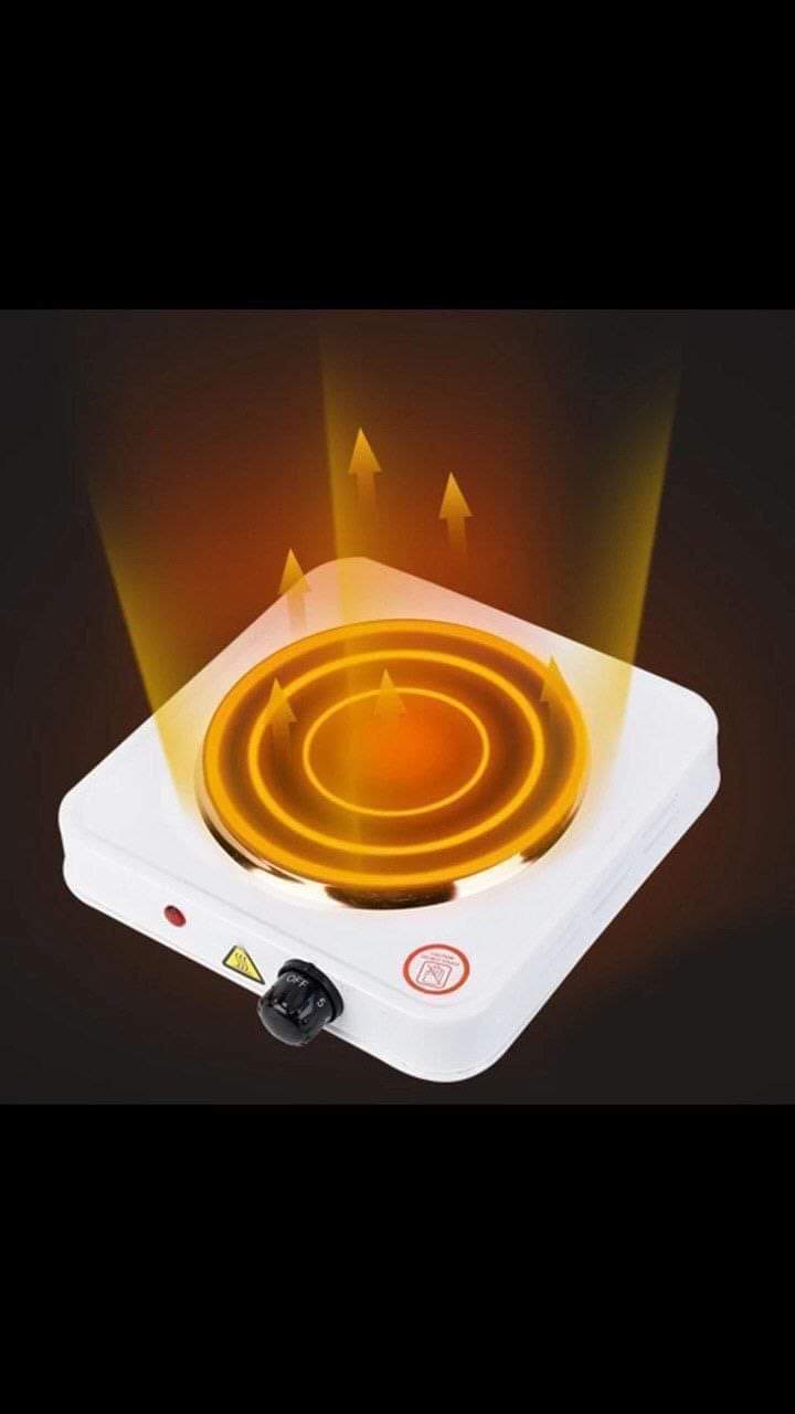 Small electric stove with glowing coil and arrows indicating heat direction on a dark background