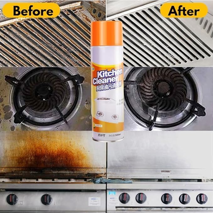 Before and after comparison of a stove with a kitchen cleaner spray can.