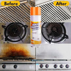 Before and after comparison of a stove with a kitchen cleaner spray can.