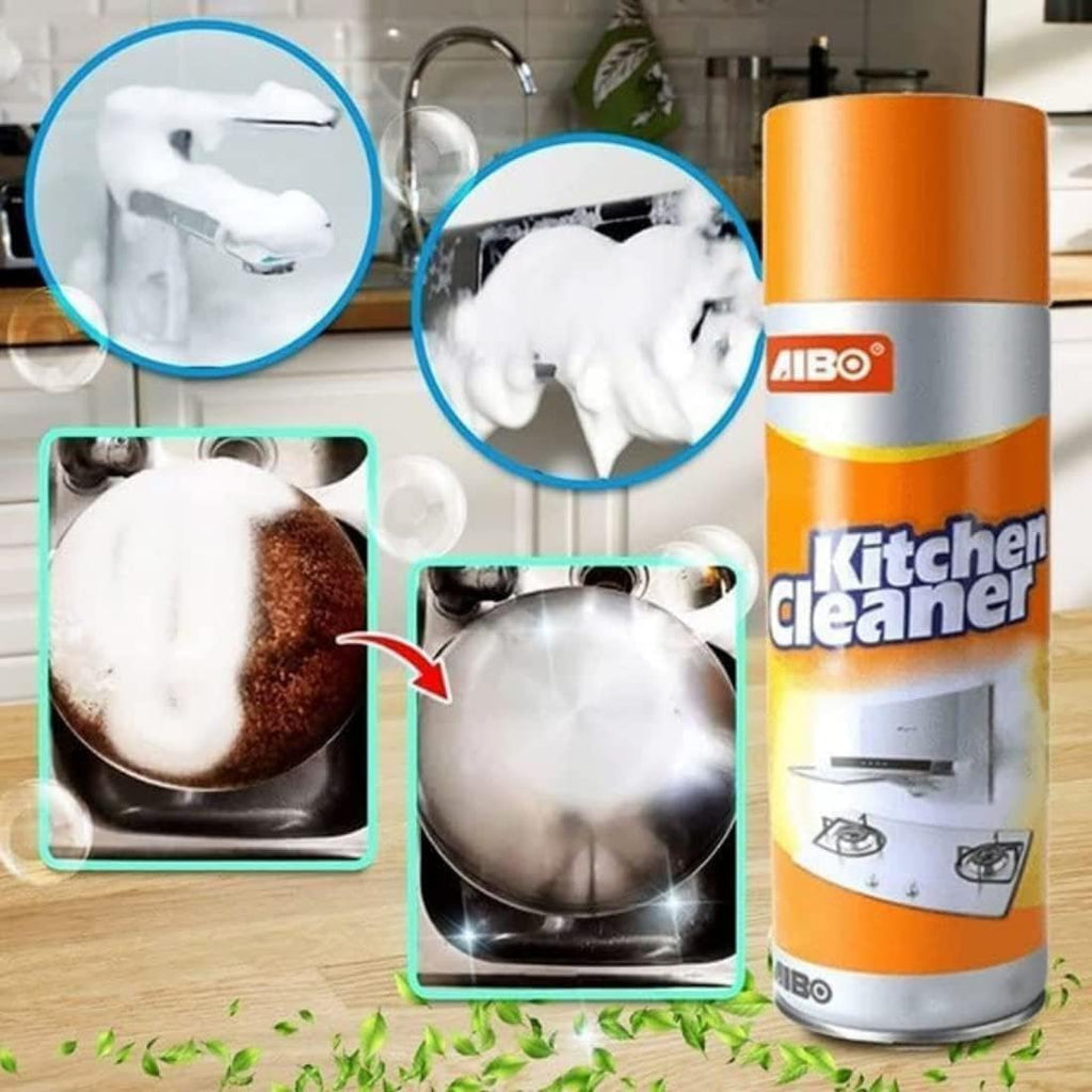 AIBO Kitchen Cleaner spray can with before and after effects on kitchen items.