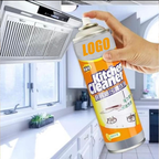 Hand holding a can of kitchen cleaner in a kitchen setting