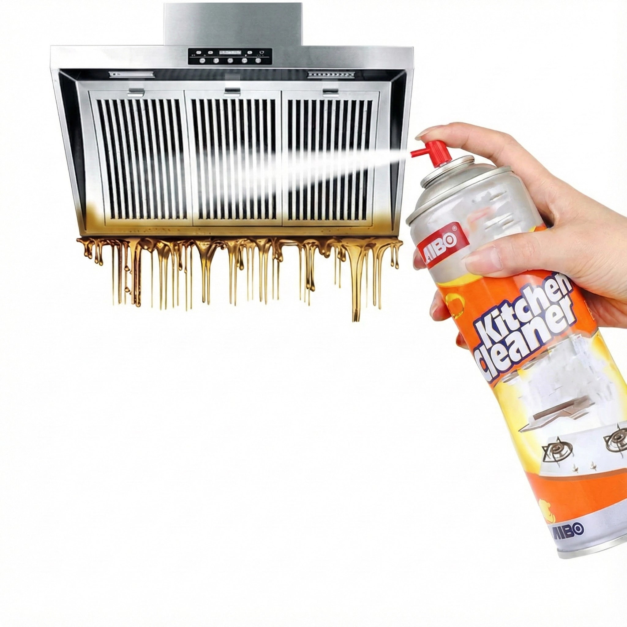 Hand using a kitchen cleaner spray can on a greasy exhaust hood.