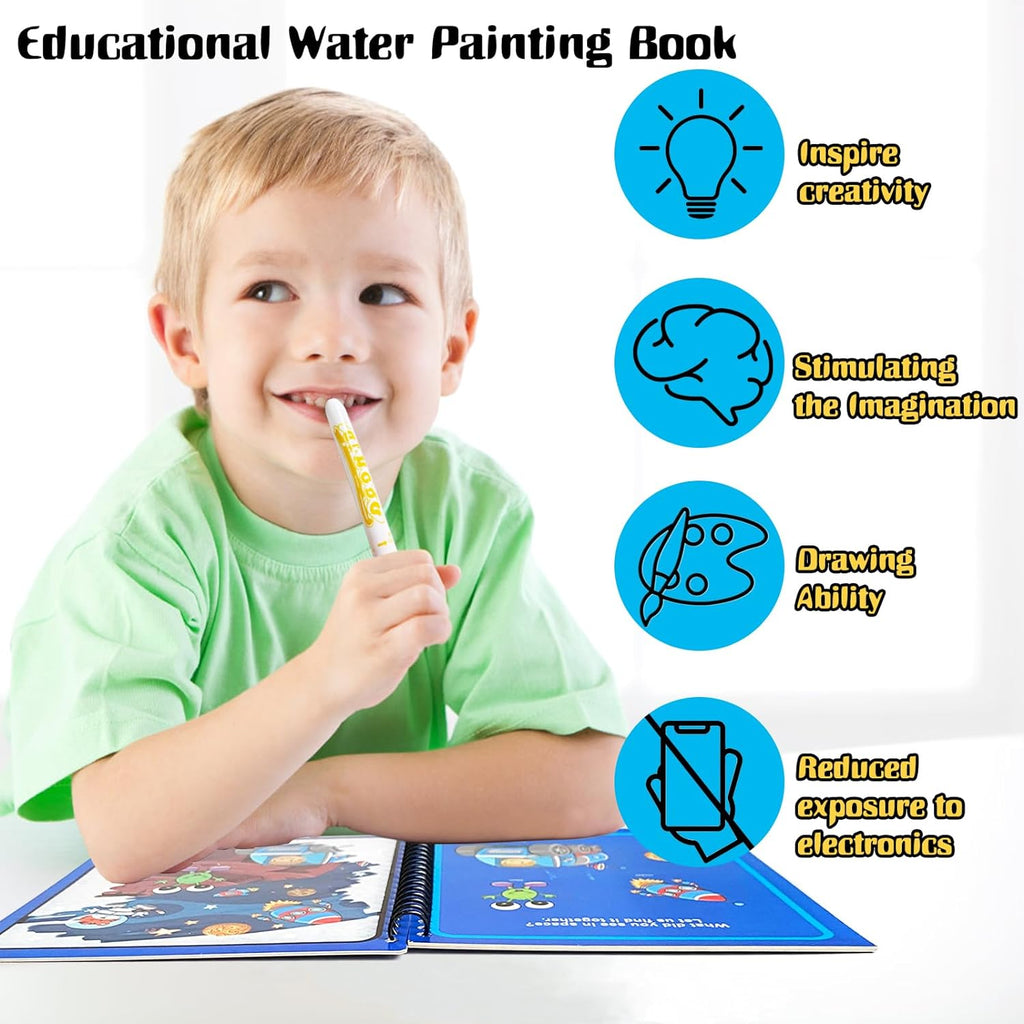 Child with water painting book and pen, promoting creativity and imagination.