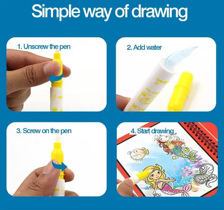 Reusable children's cartoon magic water painting book with a water pen
