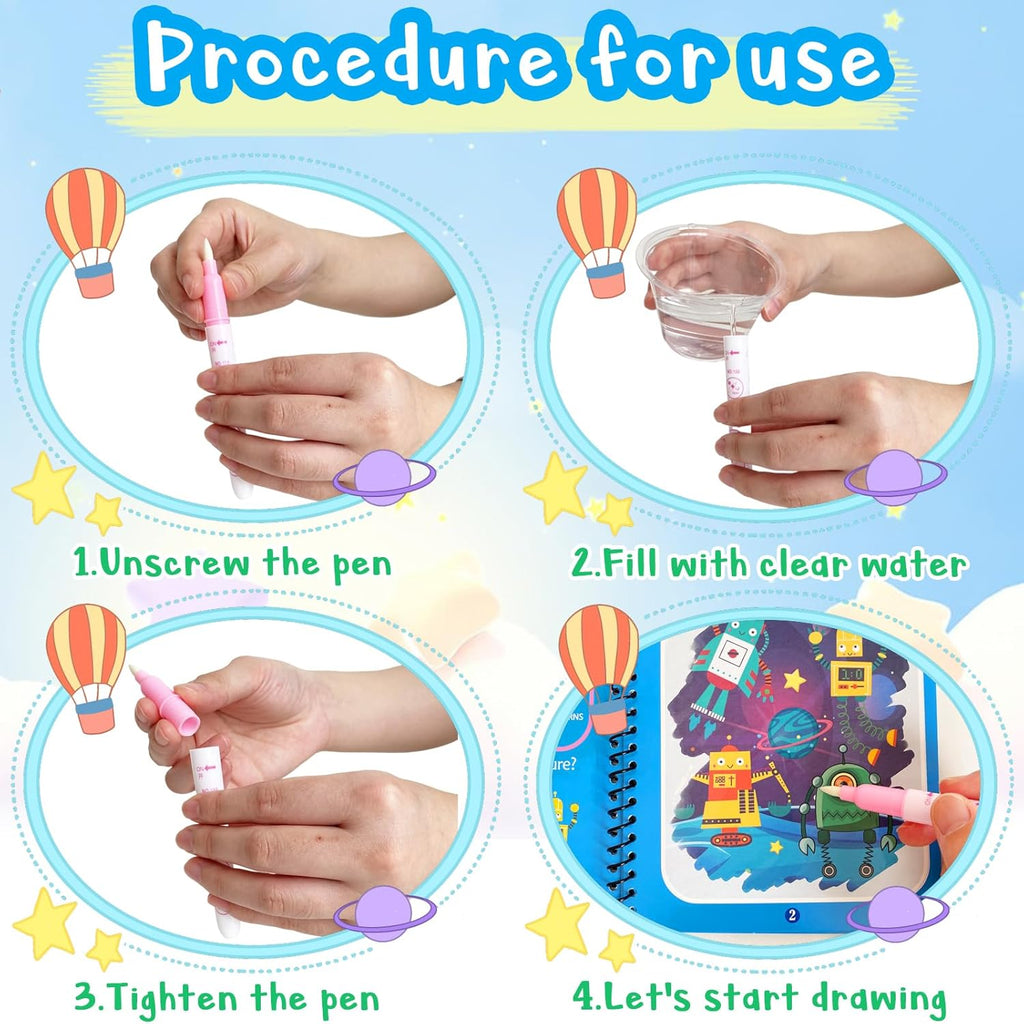 Step-by-step guide on how to use a watercolor pen with colorful illustrations and text.