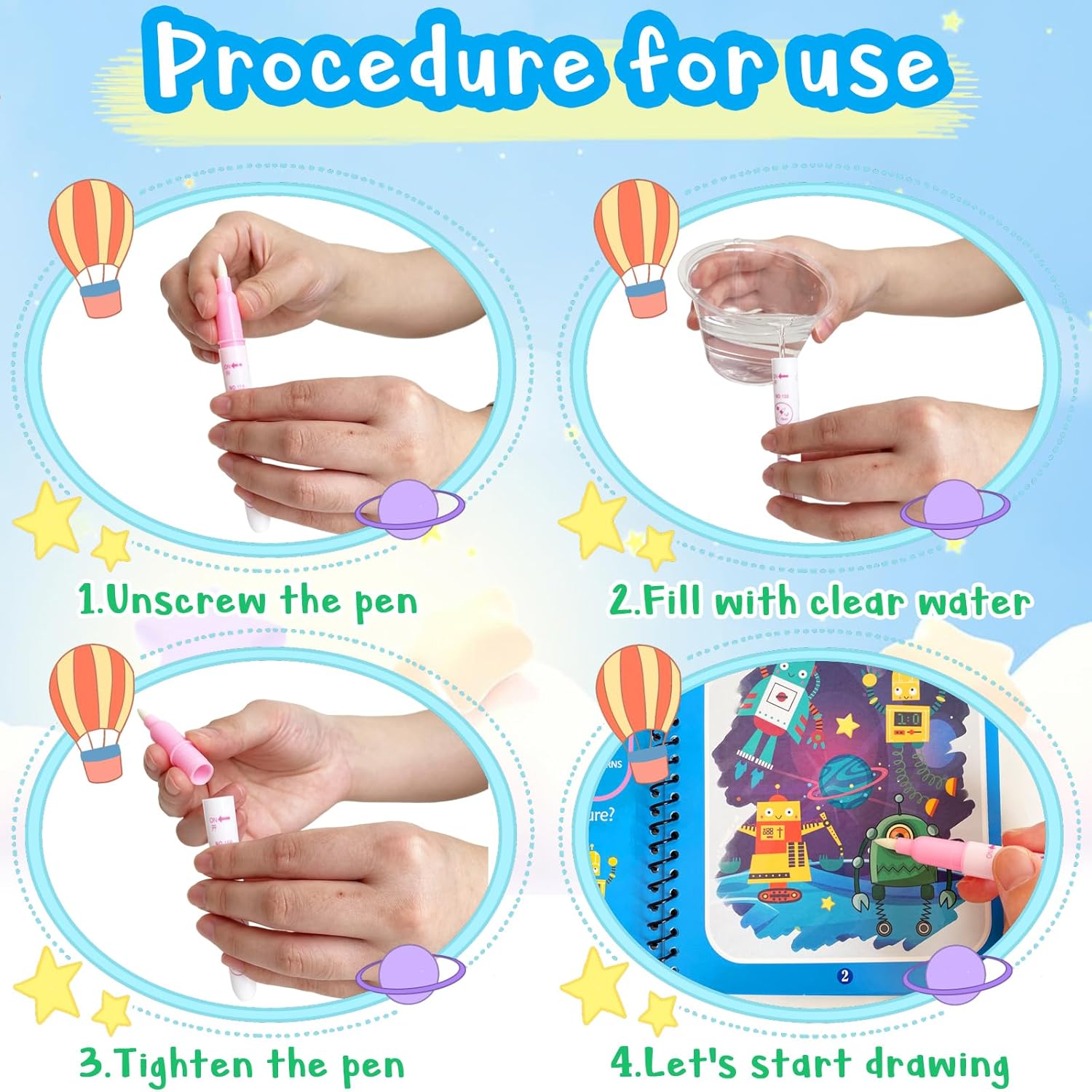 Step-by-step guide on how to use a watercolor pen with colorful illustrations and text.