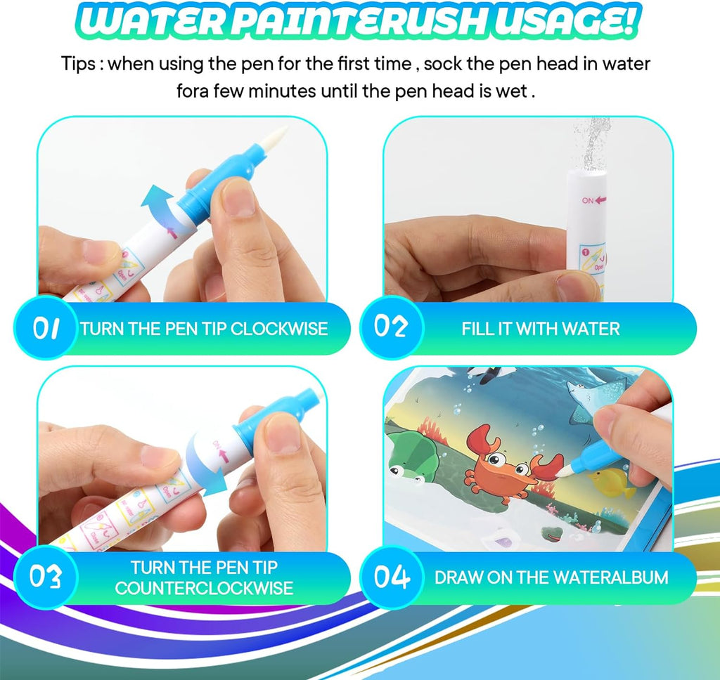 Instructions for using a water paintbrush with images of hands holding the pen and applying it to a watercolor paper.