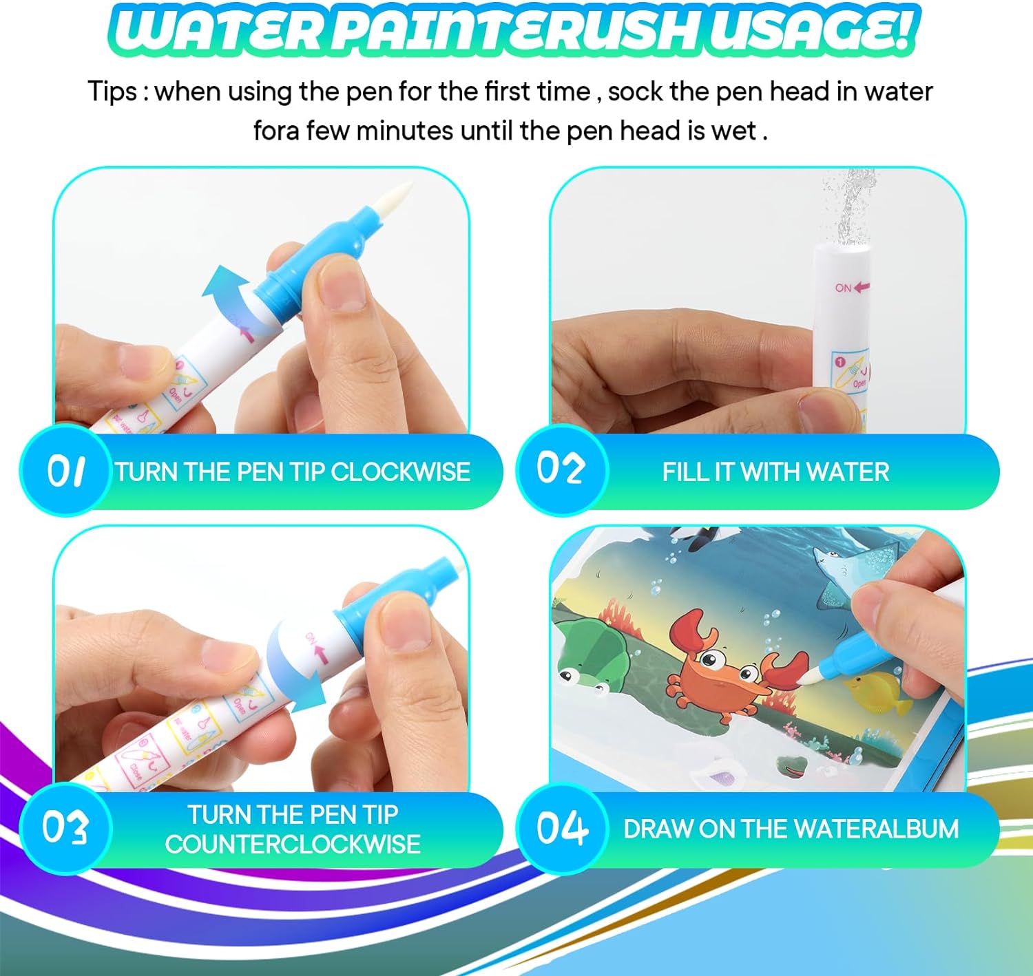 Instructions for using a water paintbrush with images of hands holding the pen and applying it to a watercolor paper.
