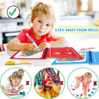 Child with water painting book and pen, promoting creativity and imagination.