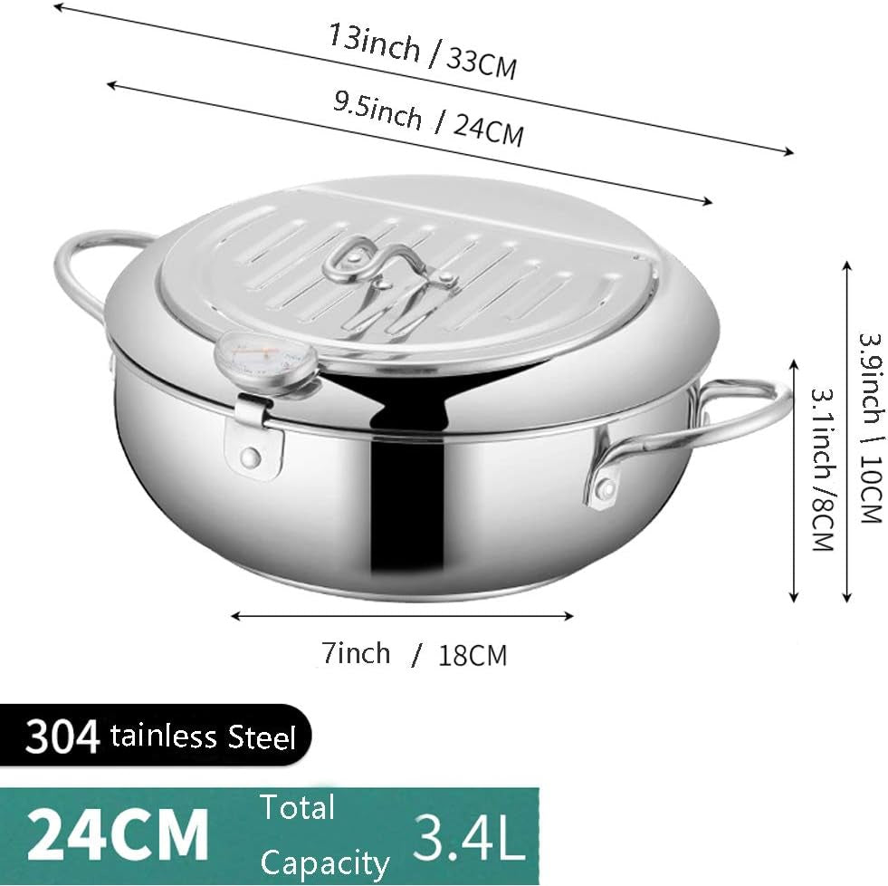 Stainless steel pot with dimensions and capacity details on a white background
