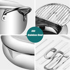 Collage of stainless steel cookware with close-ups on lid, interior, and handle.
