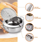 Stainless steel hot pot with features highlighted on a wooden surface