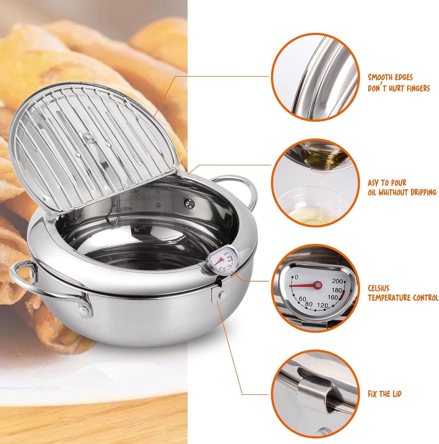 Stainless steel hot pot with features highlighted on a wooden surface